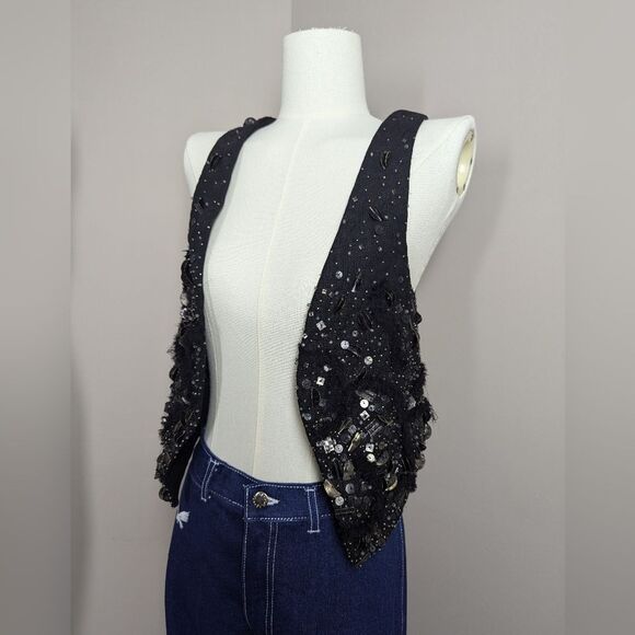 Theyskens' Theory "Jiguo" Embellished Linen Vest – Statement Black Beaded Vest – - Picture 2 of 11